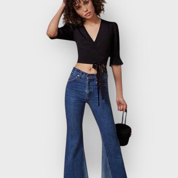 Reformation Finley XS Black Ruffle Wrap Top Cropped V-Neck Feminine French Girl - Picture 1 of 9